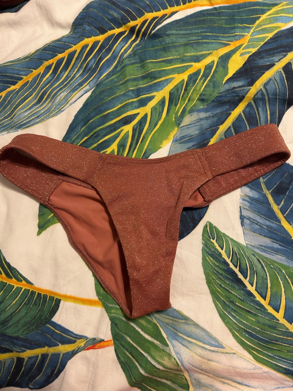Montce Mauve Sparkle High Rise Bikini Bottom — Added Coverage, size Medium.